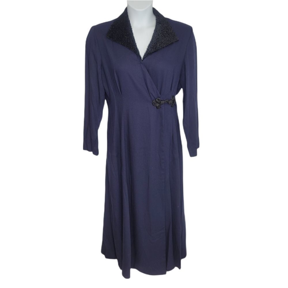 VINTAGE 80s dress navy‎ blue chenille collar wrap maxi M